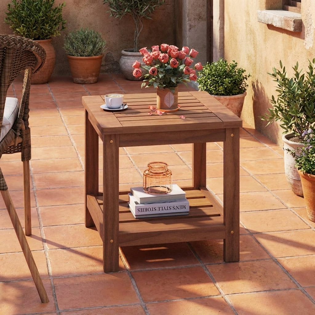 Biotree 2-Tier Outdoor Side Table with Storage Shelf for Patio, Natural