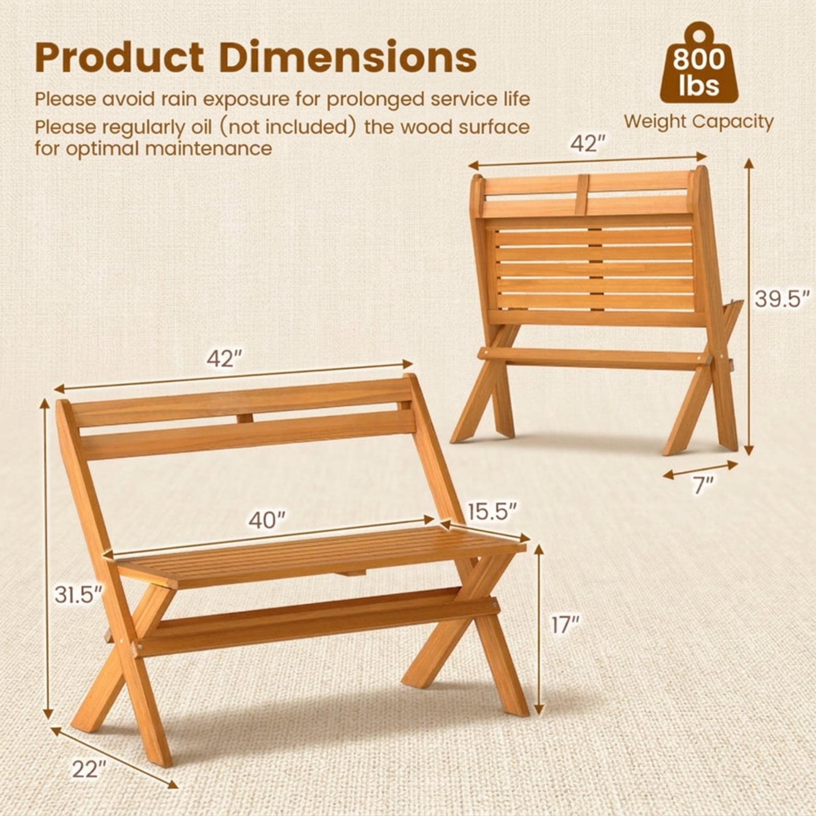 Biotree 2-Person Acacia Wood Patio Garden Bench with 800 Lbs Capacity Stackable Patio Chair for Garden BackyardNatural
