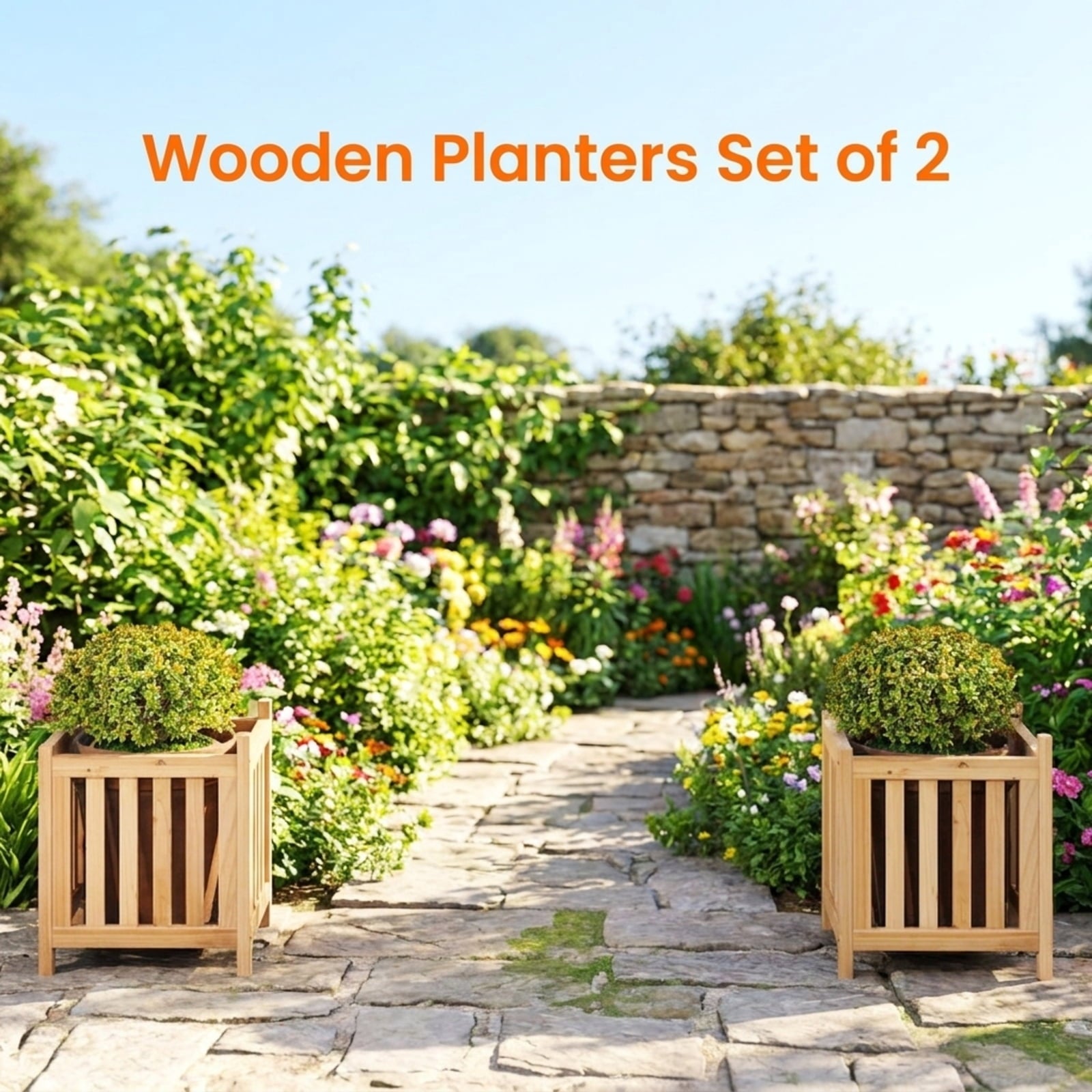 Biotree Patio Wooden Bench with Planter 2 Person Patio Bench Stackable Patio Chair for Garden BackyardNatural