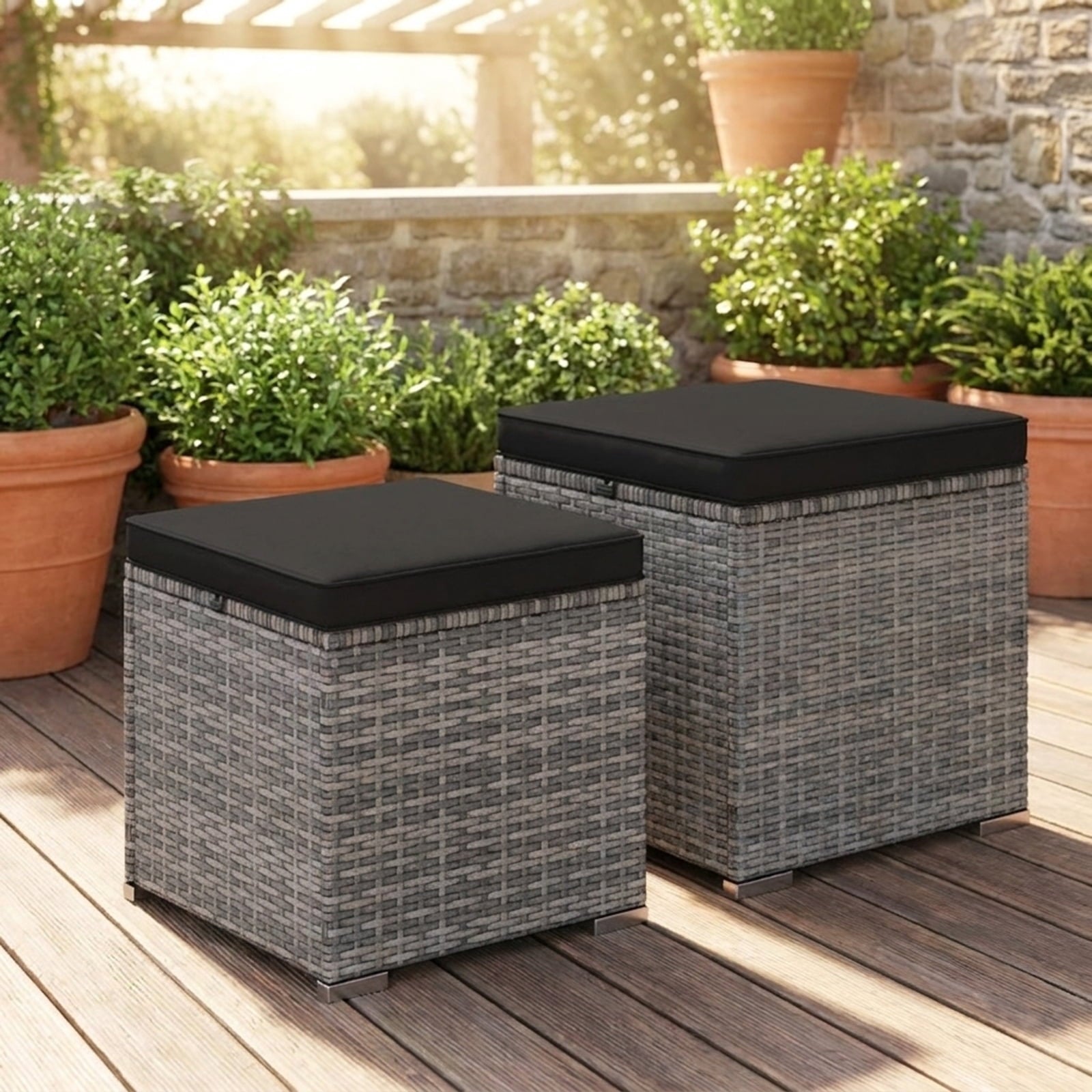 Biotree 2 Pieces Patio Ottoman with Hidden Storage Space-Mix Grey Stackable Patio Chair for Garden Backyardblack