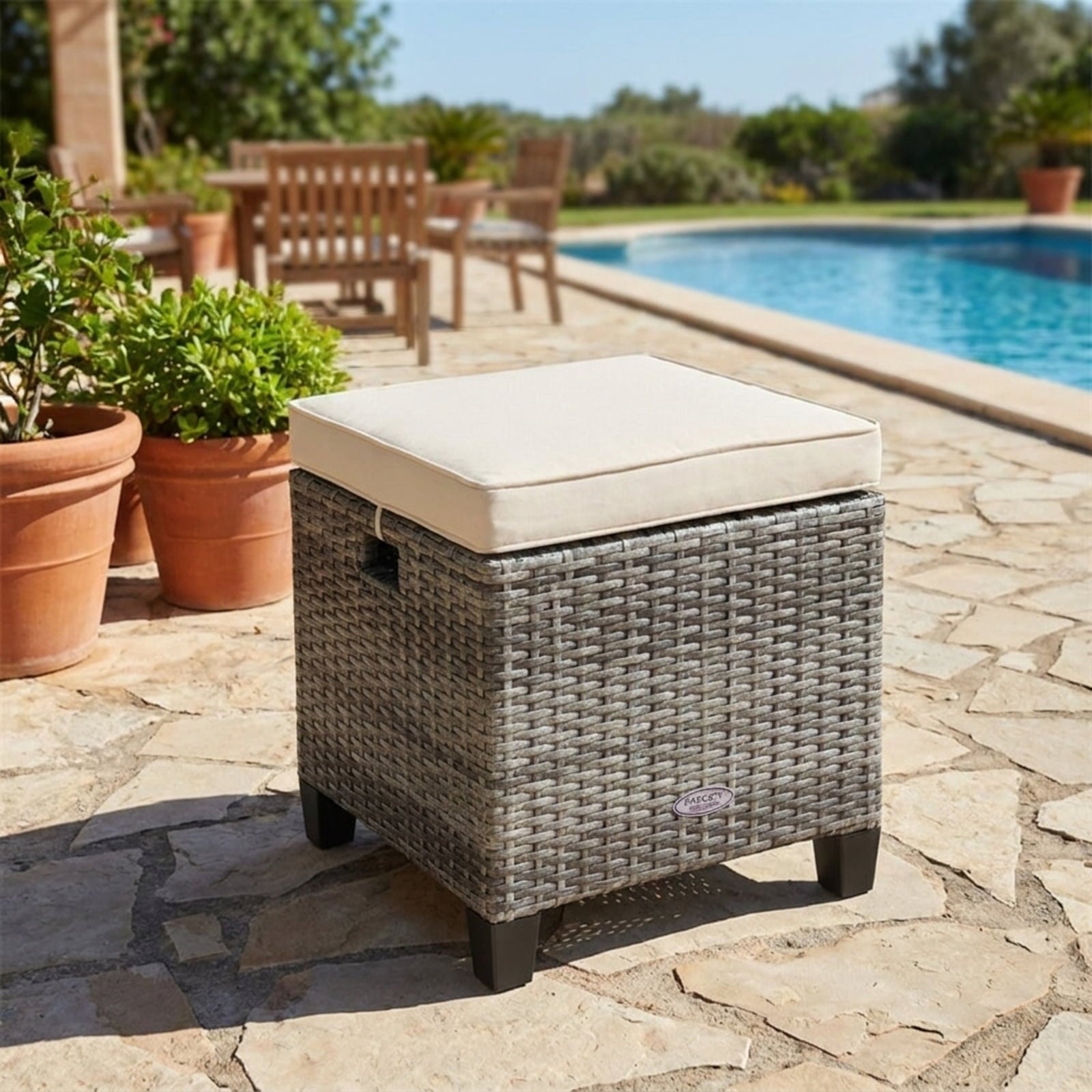 Biotree 2 Pieces Patio Rattan Ottoman Seat with Removable Cushions Stackable Patio Chair for Garden BackyardBeige