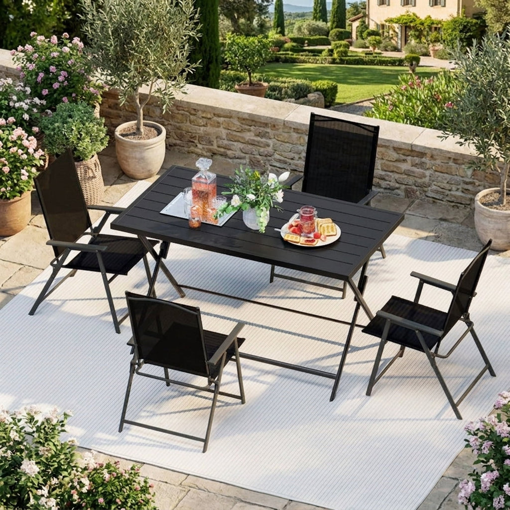 Biotree Foldable Outdoor Dining Table 48inch x 30inch Rectangular Metal Patio Table with Slatted Tabletop, Dark Brown