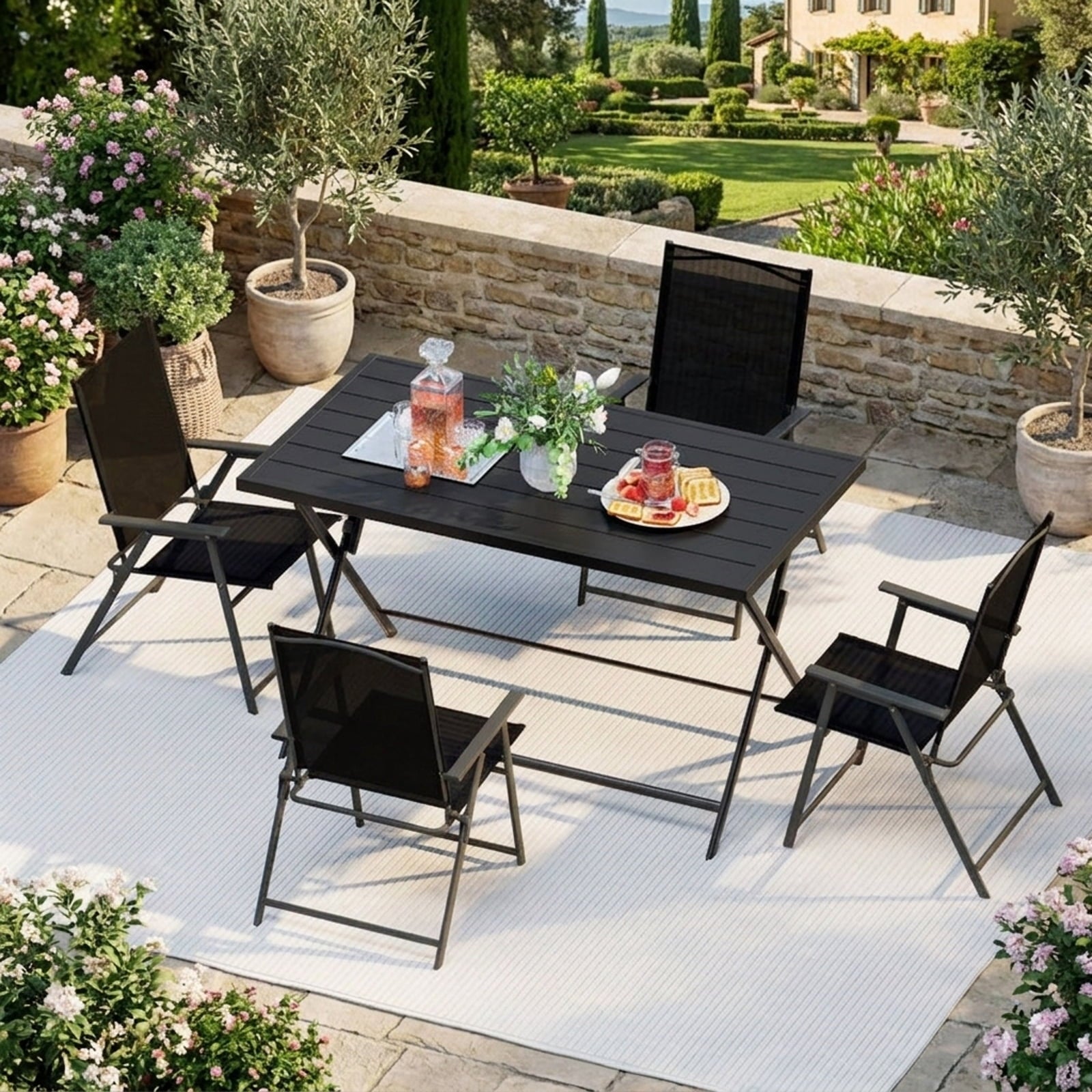 Biotree Foldable Outdoor Dining Table 48inch x 30inch Rectangular Metal Patio Table with Slatted Tabletop, Dark Brown