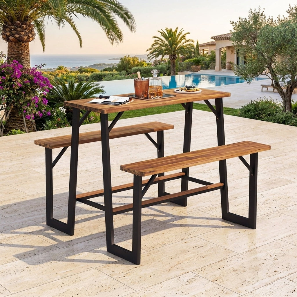 Biotree Patio Picnic Table Bench Set with Acacia Wood Tabletop and Benchtop, Black