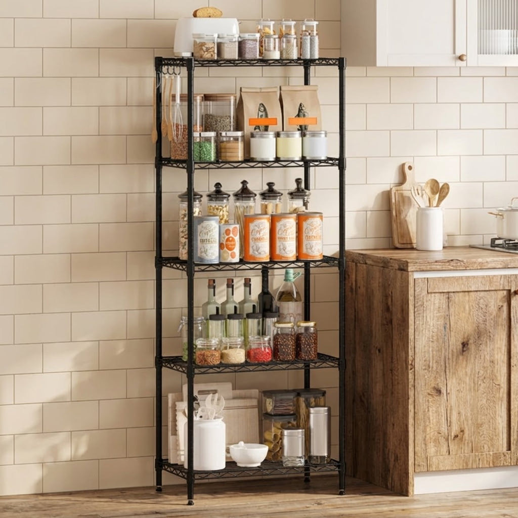 Biotree 5-Tier Metal Storage Shelving Unit with V-Shaped Wire Rack, 750 LBS Capacity Heavy Duty Garage Shelves Utility Rack for Basement Warehouse Pantry, Black