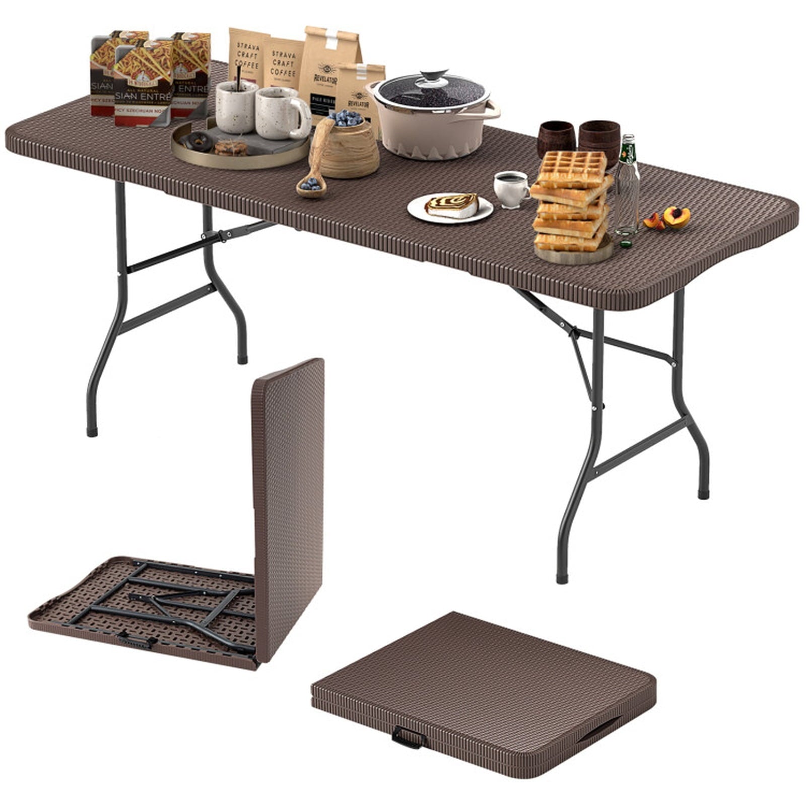 Biotree 6 ft Portable Folding Table with Rattan-Like HDPE Tabletop and Safe Lock Mechanism, Coffee