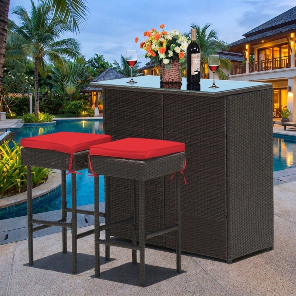 Biotree 3-Piece Patio Rattan Bar Set with Glass Table and Cushioned Stools, Red - Outdoor Patio Bar Height Furniture Set for Deck Garden