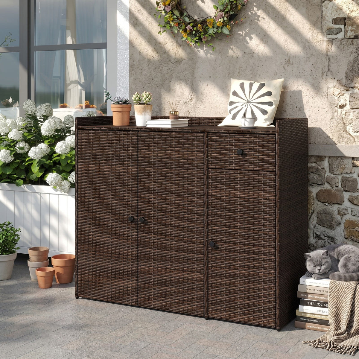 Biotree Outdoor PE Wicker Storage Cabinet with 3 Doors, Weatherproof Rattan Deck Box with Countertop, Adjustable Shelves Drawer for Patio Garden Deck, Brown