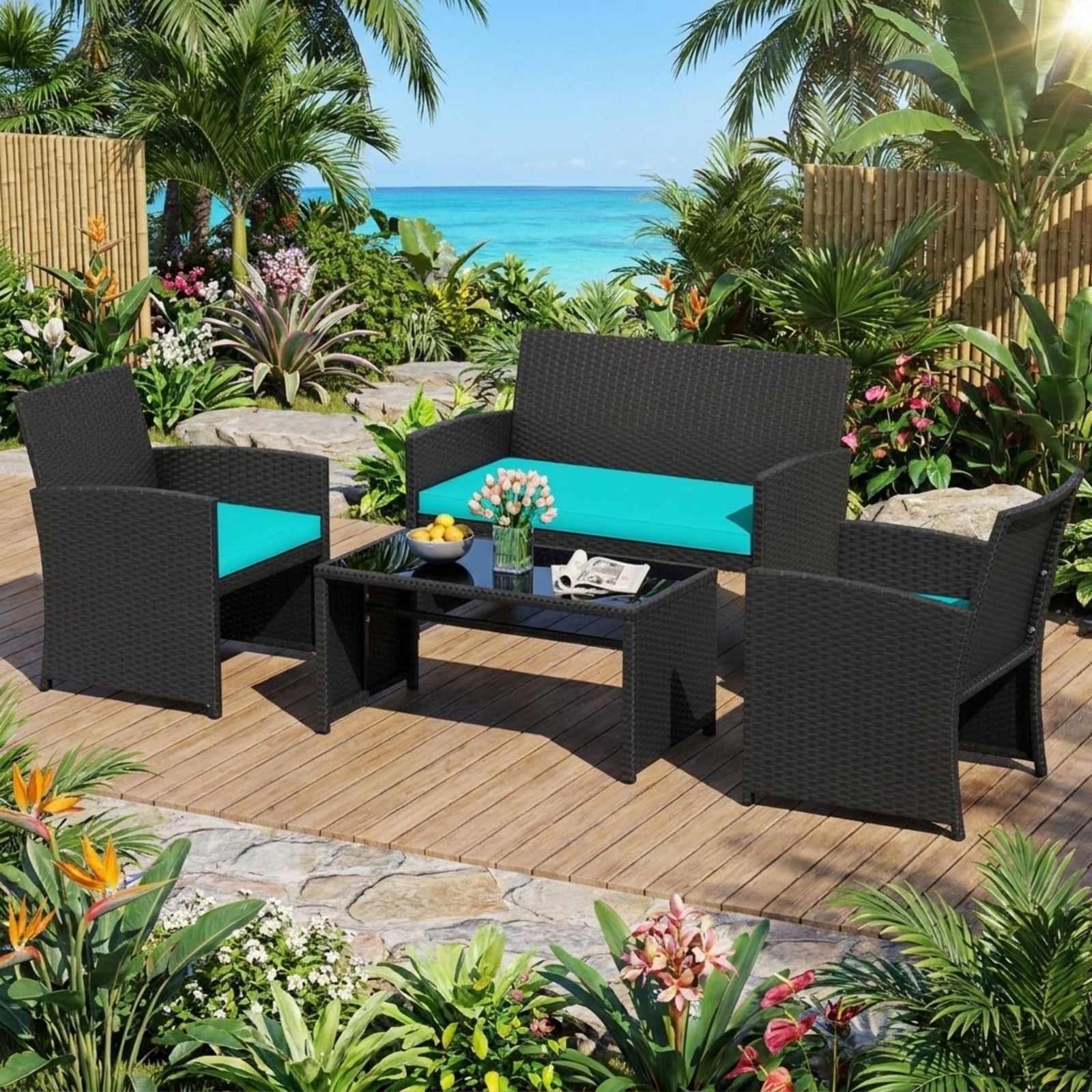 Biotree 4 Pieces Patio Furniture Set with Tempered Glass Tabletop and Removable Cushion Outdoor Conversation Set for Garden Backyard PorchTurquoise