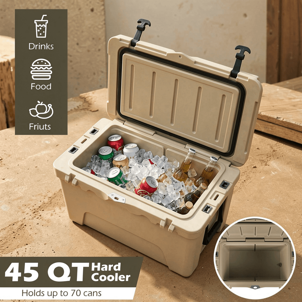 Biotree 45 Quart Portable Hard Cooler Insulated Ice Chest Keeps Cool for up to 6 Days, Khaki