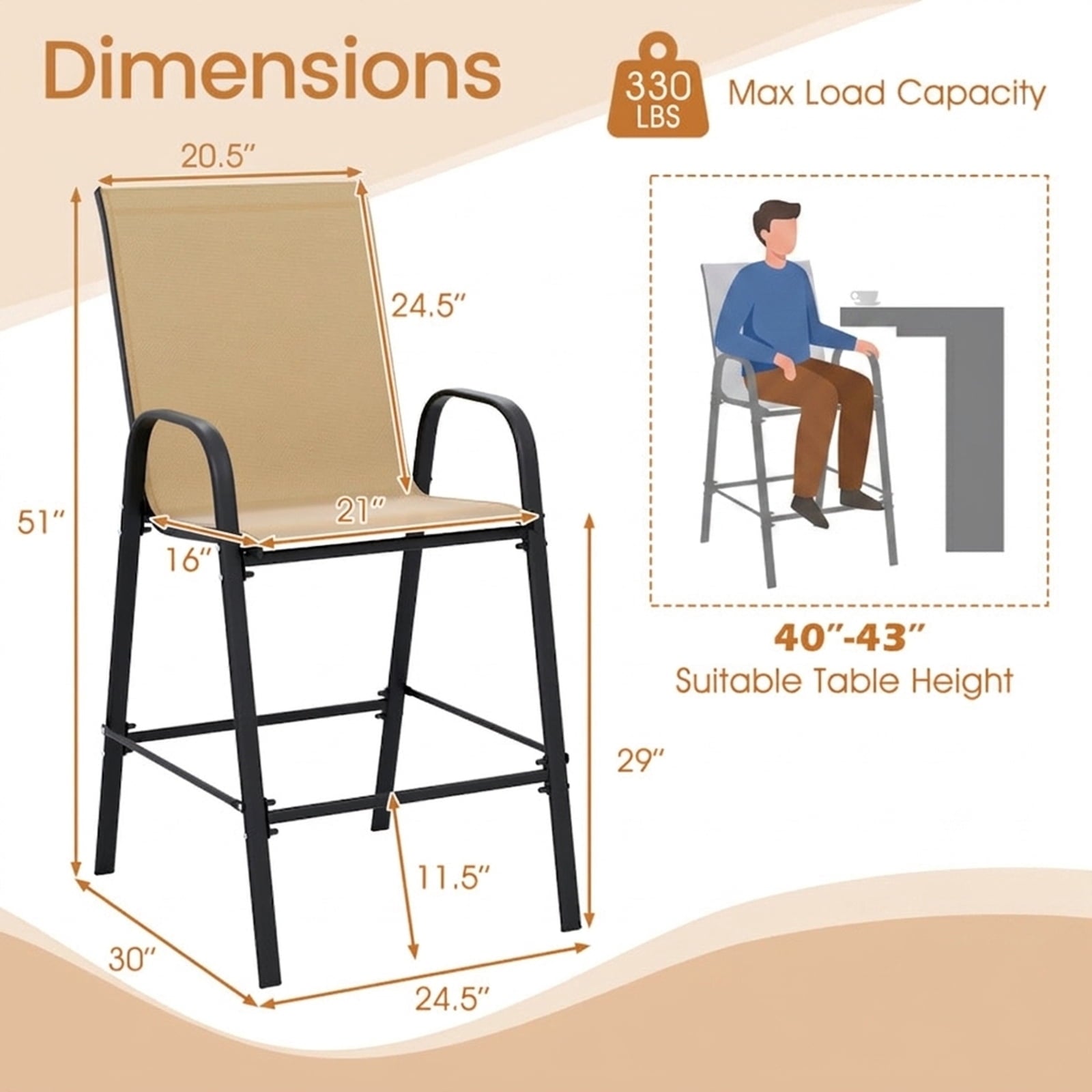 Biotree Set of 2 Outdoor Bar Stools 29-Inch Fabric Patio Bar Chairs with Armrests Inclined Backrest, Beige