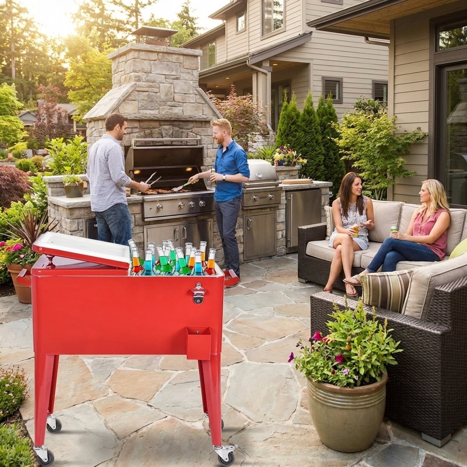 Biotree Portable Outdoor Patio Rolling Cooler Cart with Wheels and Drain Plug Ice Chest Cart for Party Beach Camping, Red