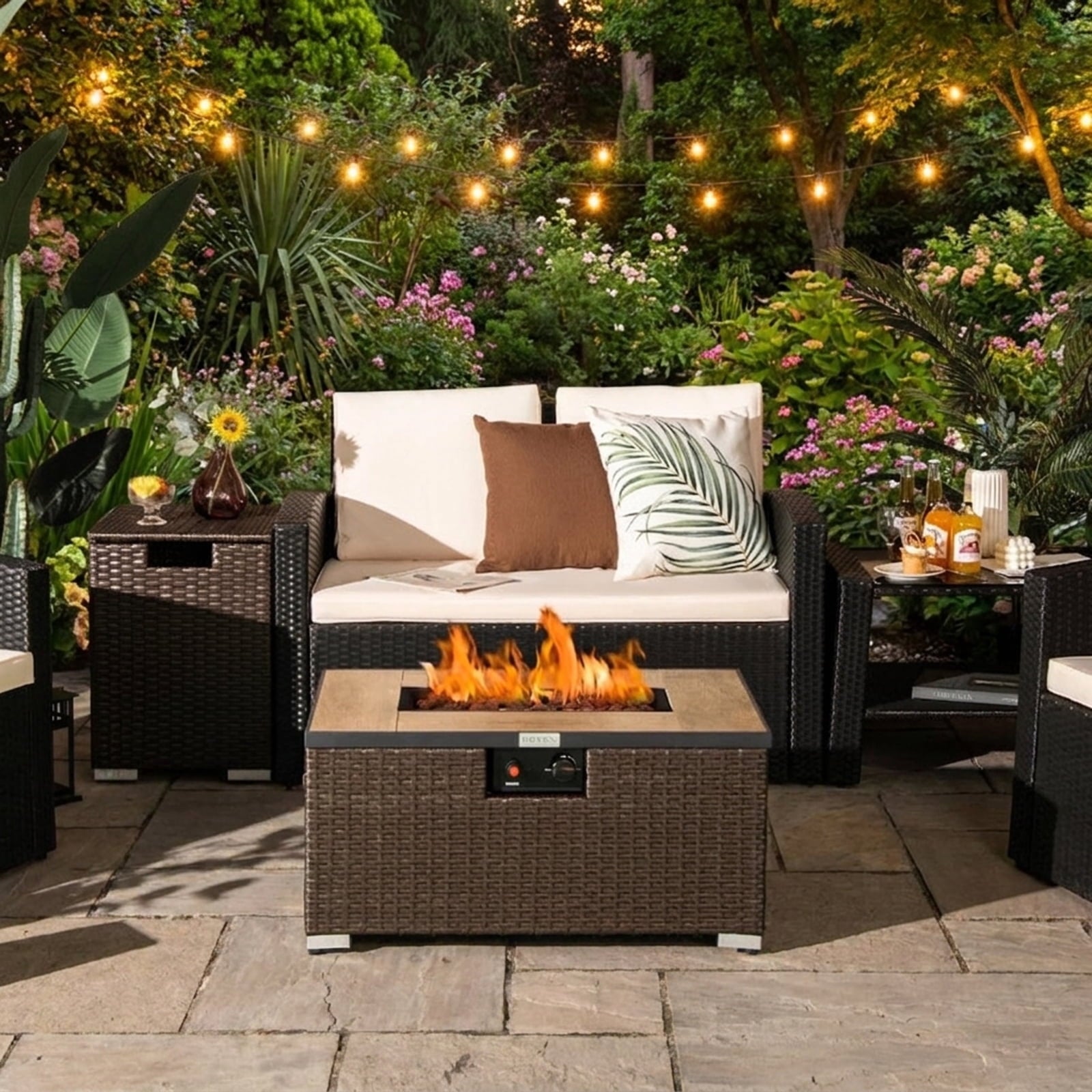 Biotree 32 x 20 Inch Propane Rattan Fire Pit Table Set with Side Table Tank and Cover for Outdoor Patio Backyard Garden Camping, Brown