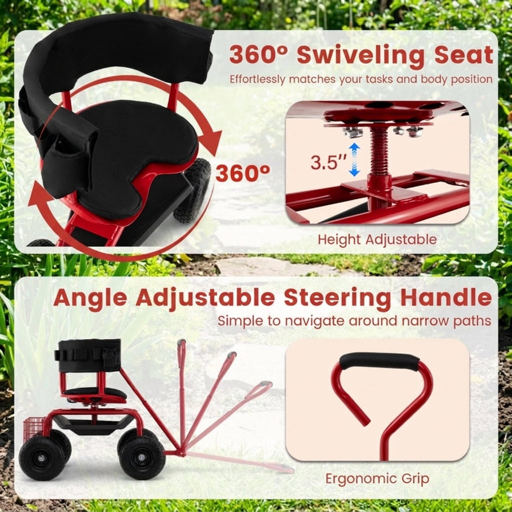 Biotree Cushioned Rolling Garden Cart Scooter with Storage Basket and Tool Pouch for Garden Yard Lawn Work Outdoor, Black
