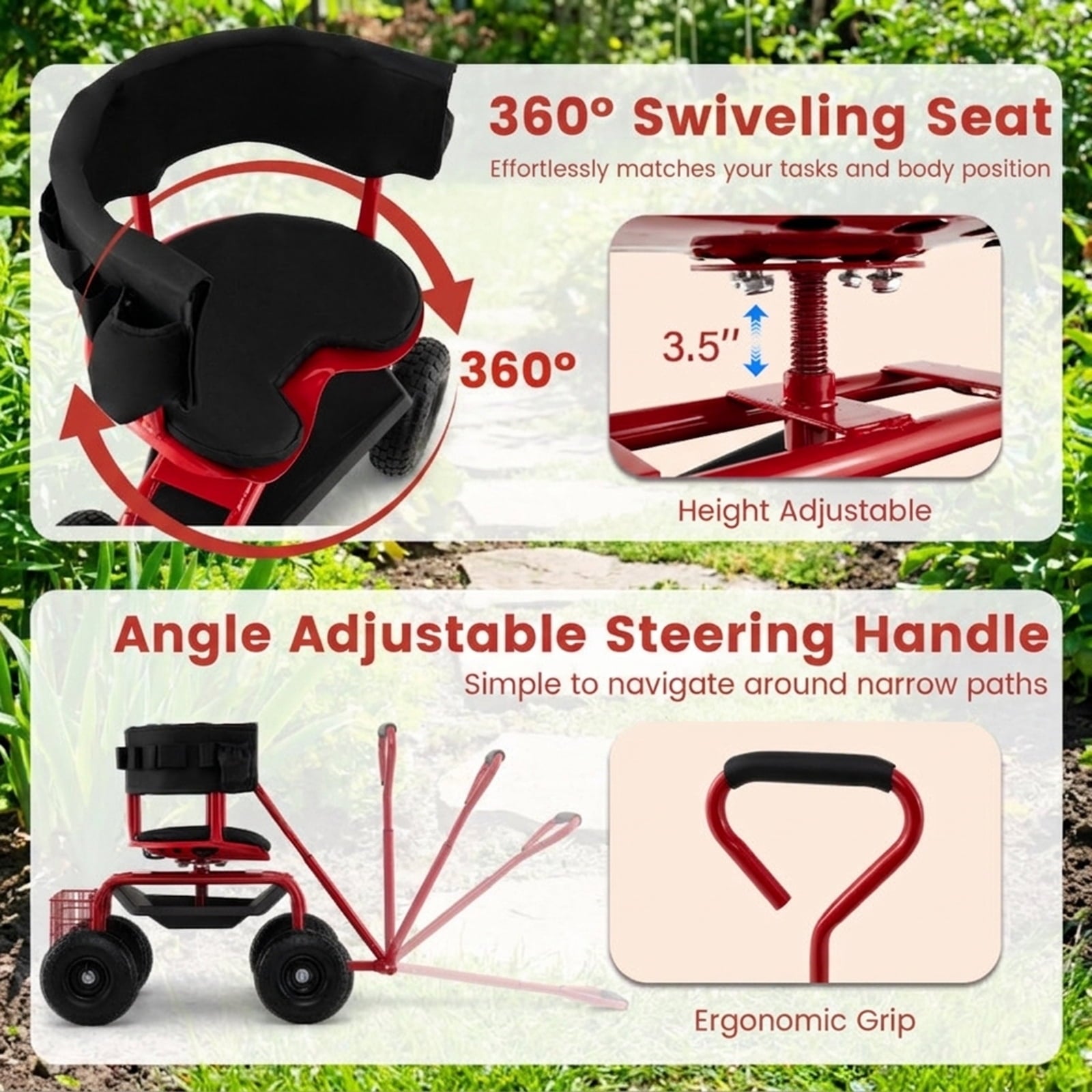 Biotree Cushioned Rolling Garden Cart Scooter with Storage Basket and Tool Pouch for Garden Yard Lawn Work Outdoor, Black