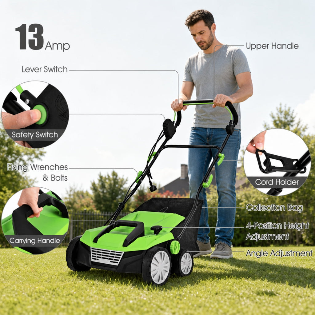 Biotree 15" 13 Amp Electric Lawn Dethatcher Scarifier, Corded Lawn Rake with 4-Position Height Adjustment, Removable Blades and 50L Collection Bag for Lawn Care Yard Renovation Green