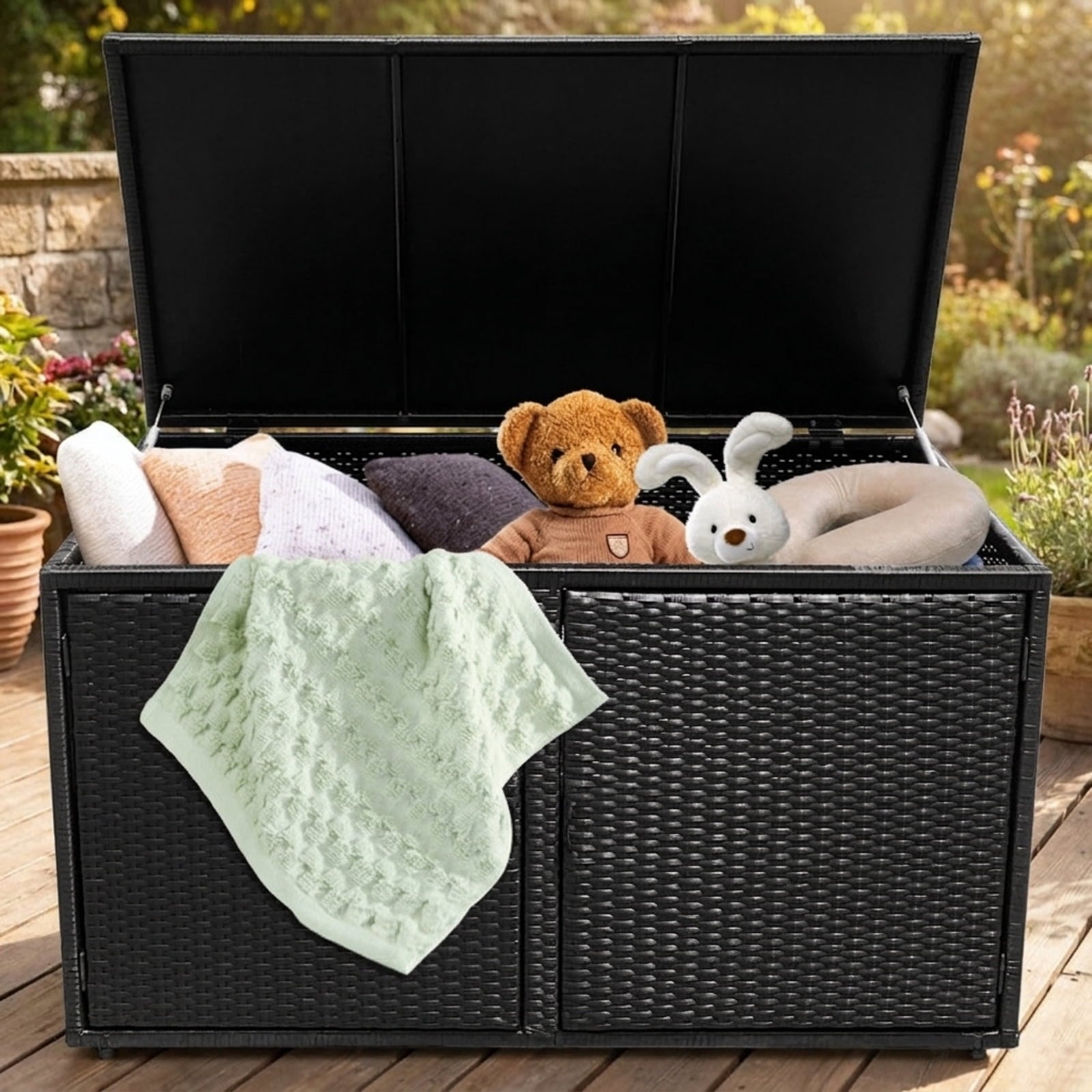 Biotree 88 Gallon Garden Patio Rattan Storage Container Box Outdoor Waterproof for Patio Deck Garden Cushions, Black