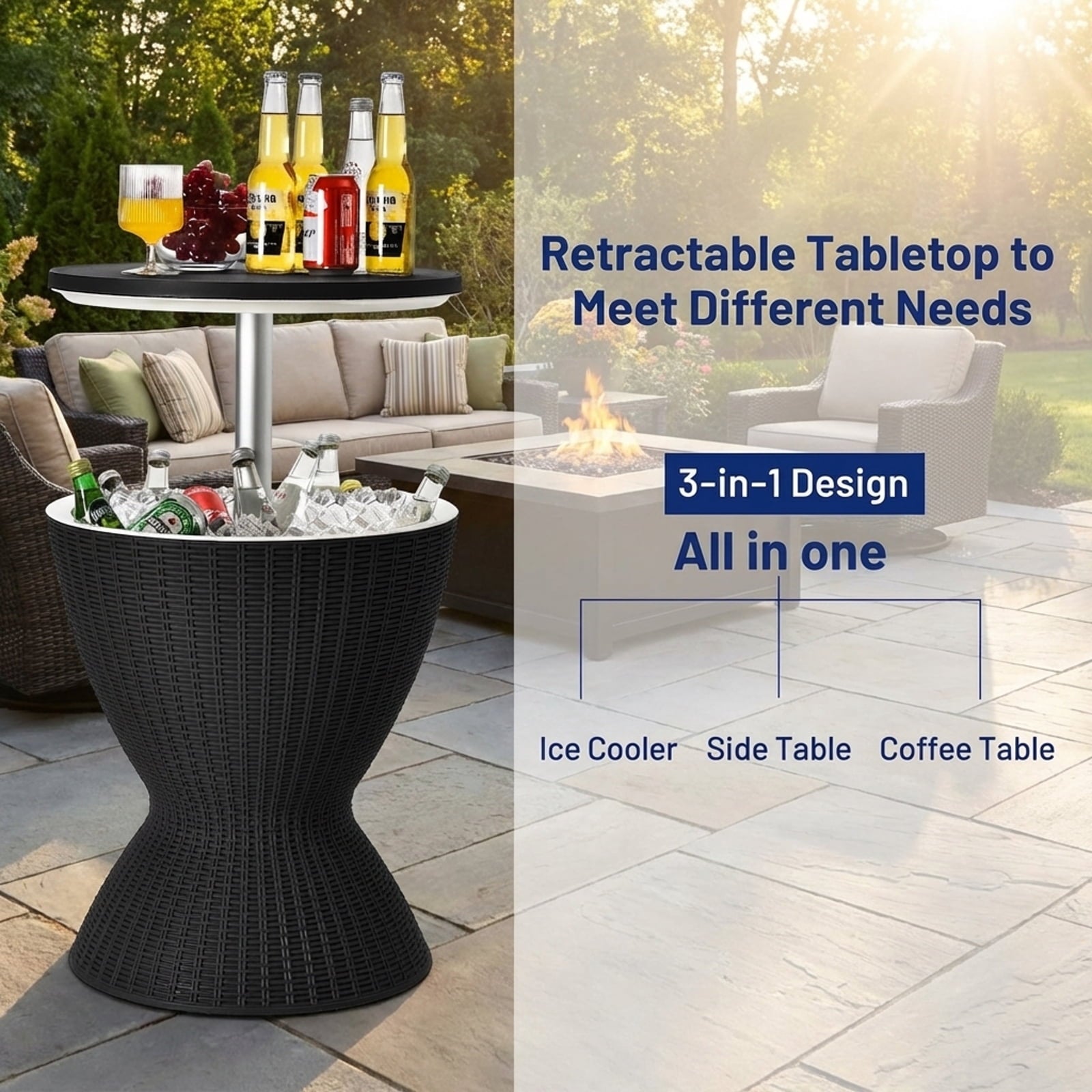 Biotree 3 in 1 8 Gallon Patio Rattan Cooler Bar Table with Adjust Ice Bucket-Black Outdoor Party Entertainment