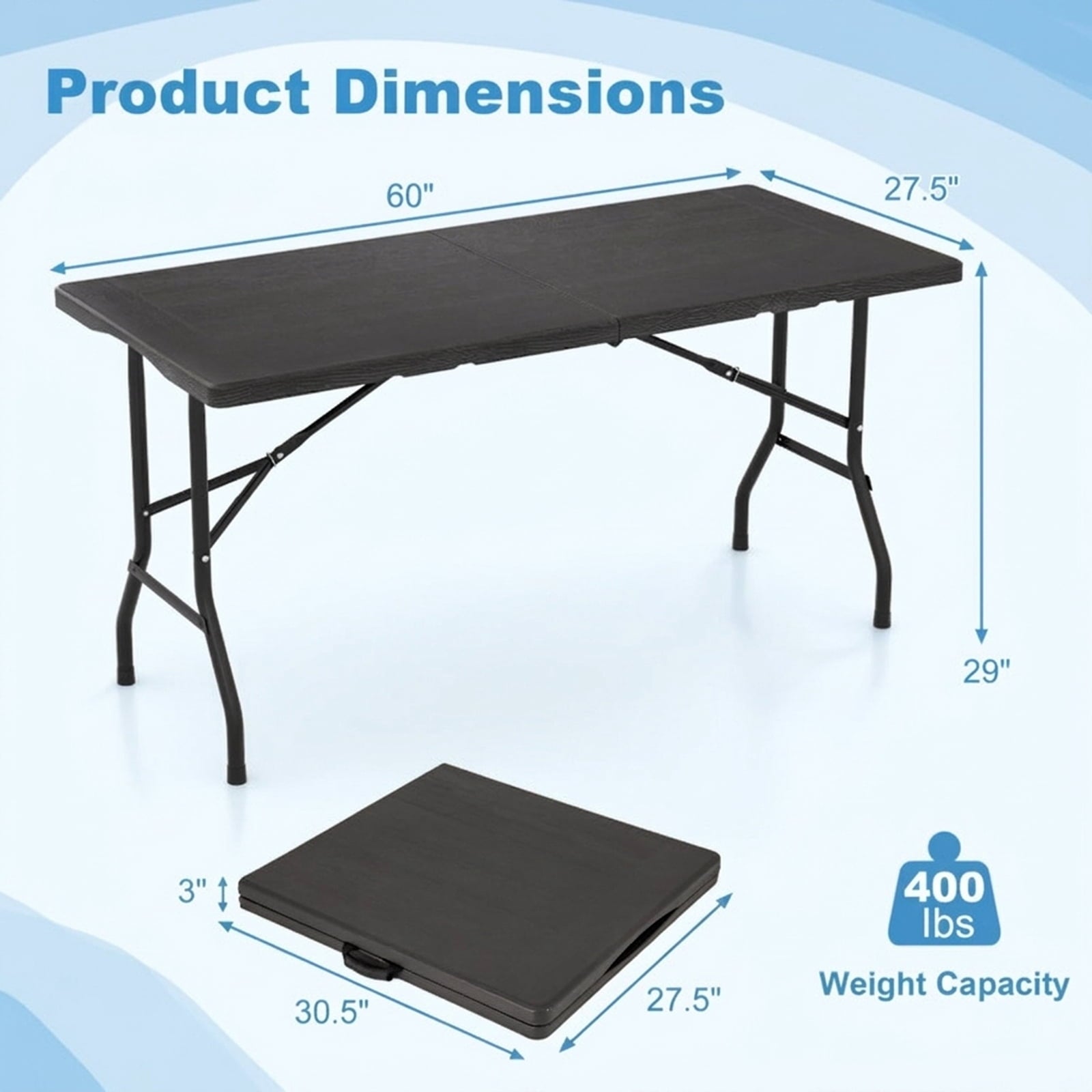 Biotree 5FT Folding Picnic Table with Wood Grain HDPE Tabletop and Non-slip Foot Pads, Black