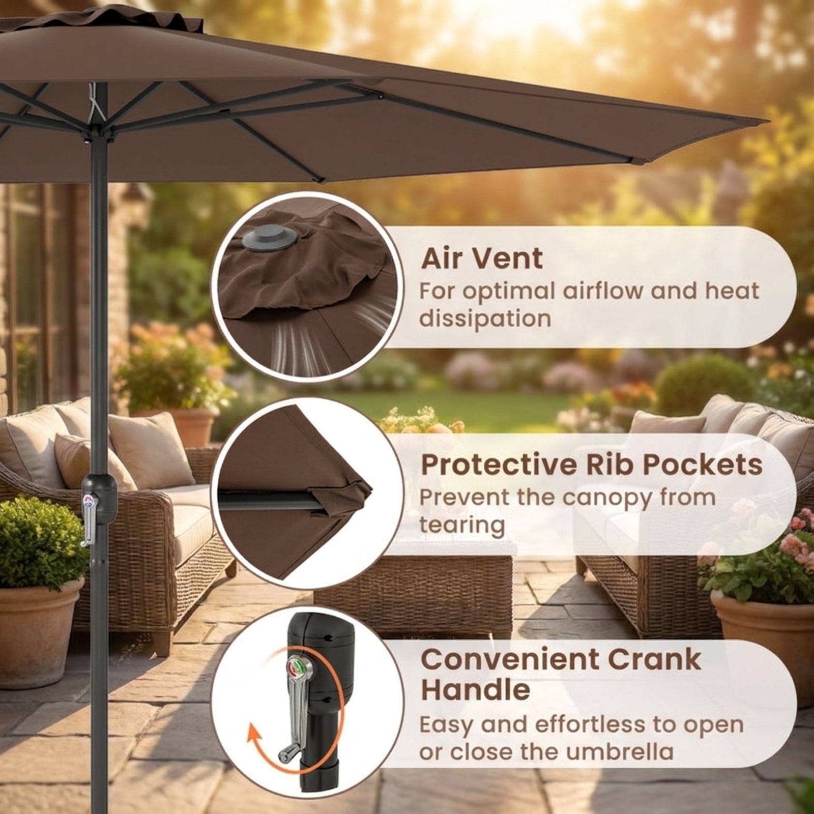Biotree 12 ft Market Patio Umbrella with Crank and Tilt, 8 Sturdy Ribs, Vented Canopy - Beige for Backyard