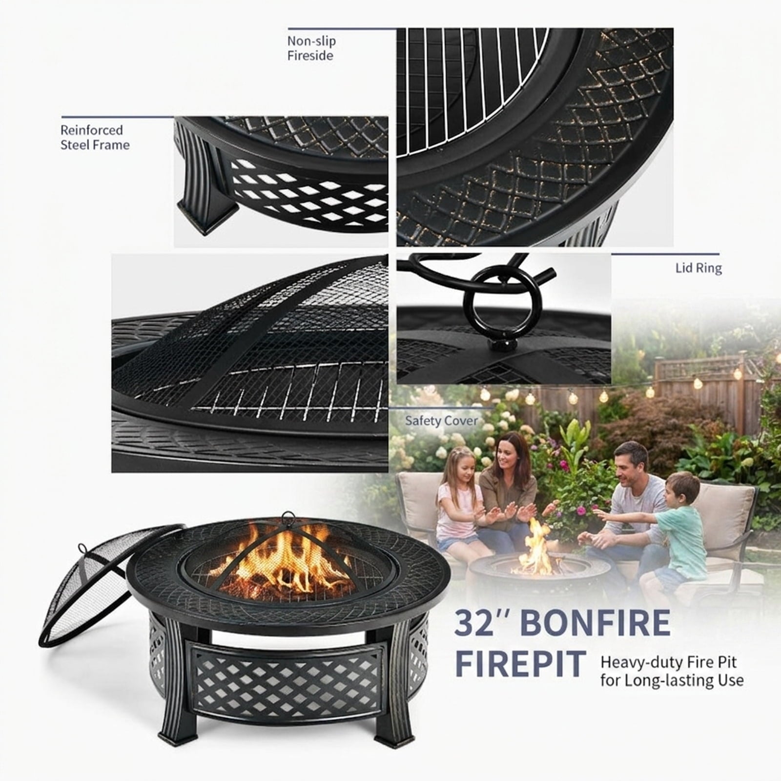 Biotree Outdoor Fire Pit with BBQ Grill and High for Outdoor Patio Backyard Garden Camping, Black