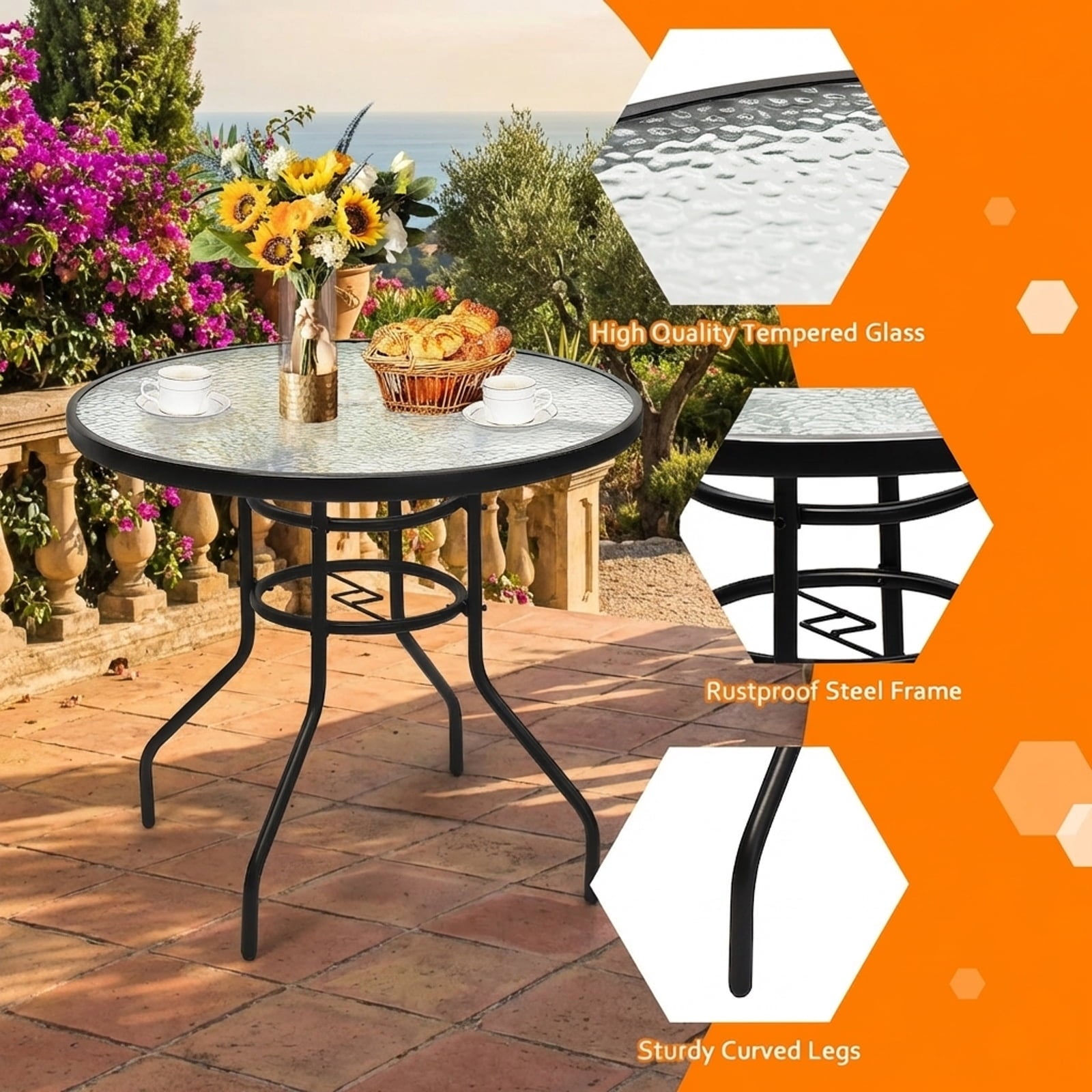 Biotree 32 In Patio Round Glass Table with Umbrella Hole