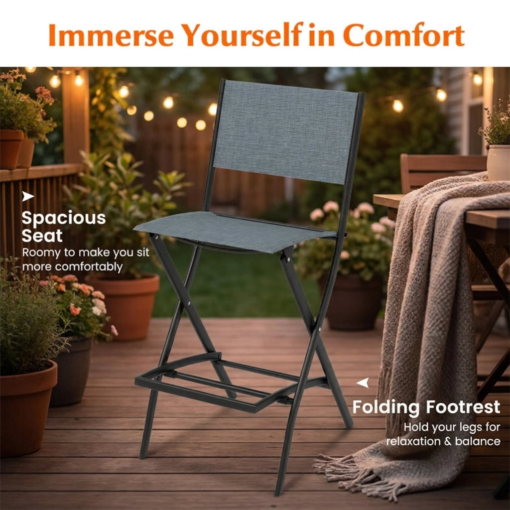 Biotree Folding Bar Stools Set of 2 Backrest Humanized Footrest for Patio Porch Garden Backyard Outdoor, Blue