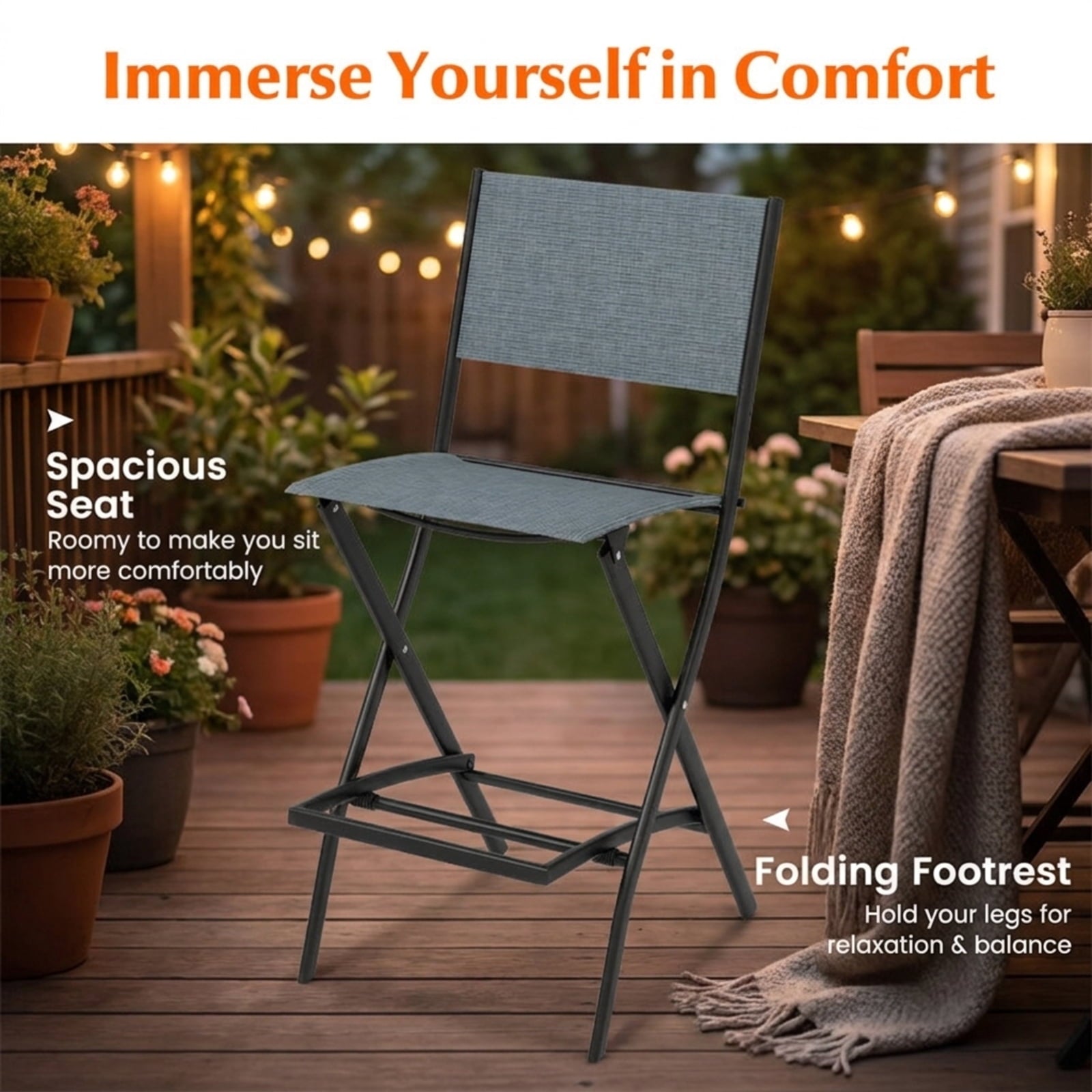 Biotree Folding Bar Stools Set of 2 Backrest Humanized Footrest for Patio Porch Garden Backyard Outdoor, Blue