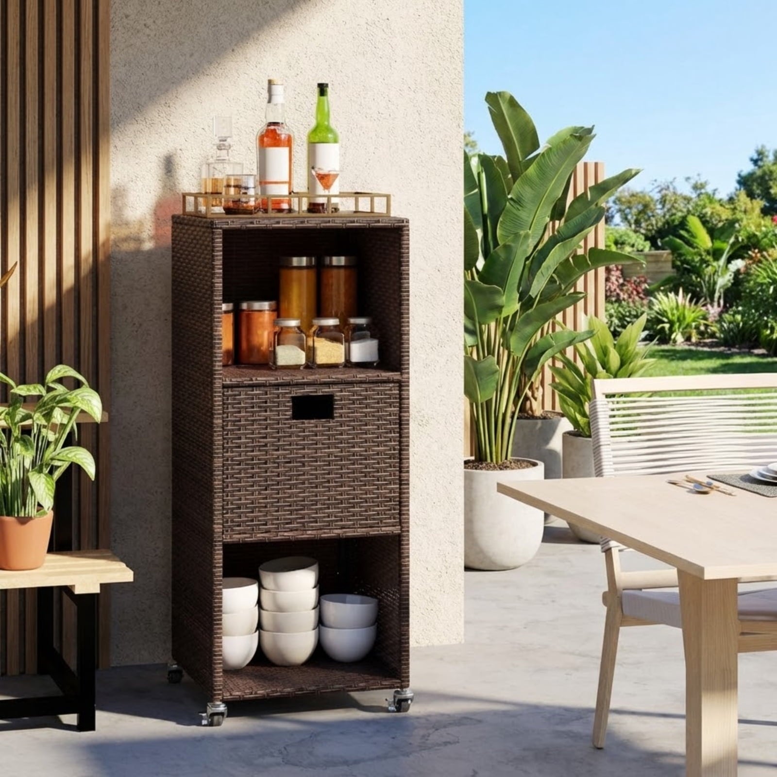 Biotree Outdoor Storage Cabinet with Drawer and 3 Shelves, PE Rattan Tall Deck Cabinet Patio Garden Console for Backyard Porch Deck Poolside, Mix Brown