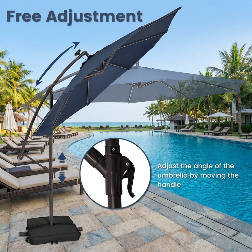 Biotree 10 Feet Cantilever Umbrella with 32 LED Lights and Solar Panel Batteries-Navy Outdoor Backyard