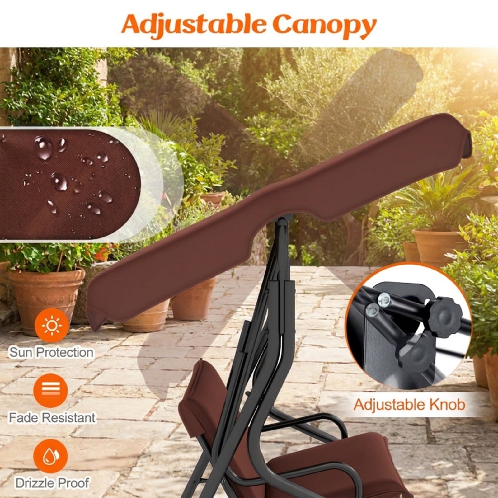 Biotree 3 Seat Outdoor Patio Canopy Swing with Cushioned Steel Frame for Patio Porch Garden Backyard Outdoor, Brown