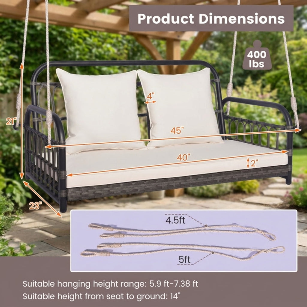 Biotree 2-Person Outdoor Hanging Chair with Ropes for Patio Porch Garden Backyard Outdoor, Gray