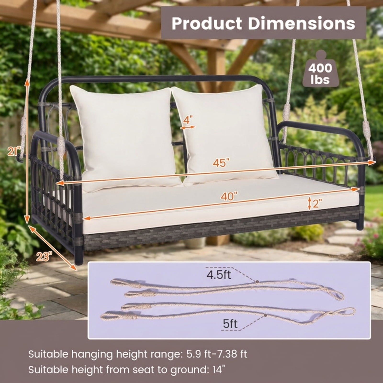 Biotree 2-Person Outdoor Hanging Chair with Ropes for Patio Porch Garden Backyard Outdoor, Gray