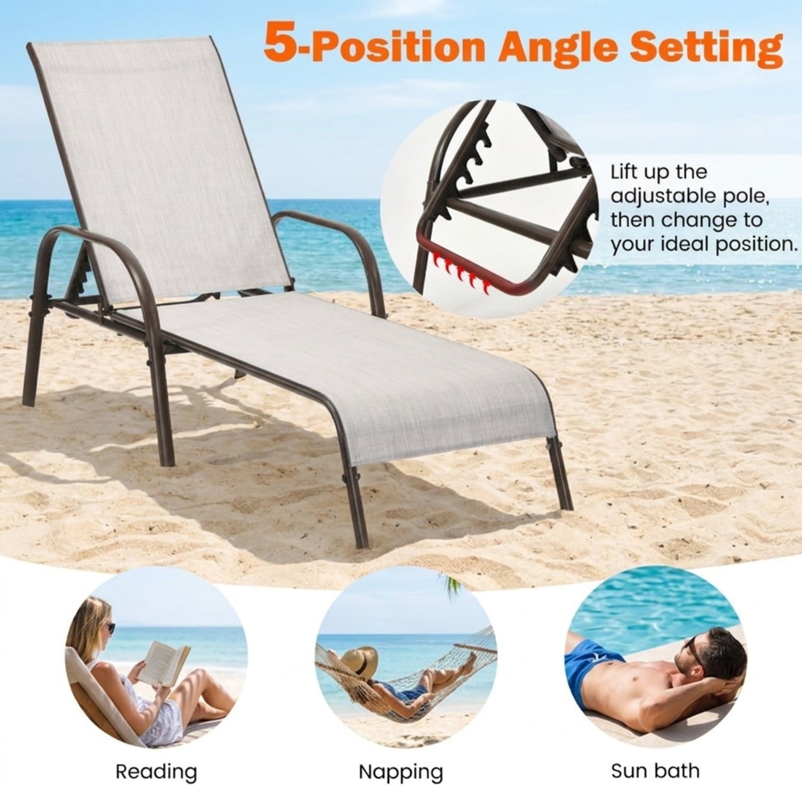 Biotree Adjustable Patio Chaise Folding Lounge Chair with Backrest Stackable Patio Chair for Garden BackyardGray