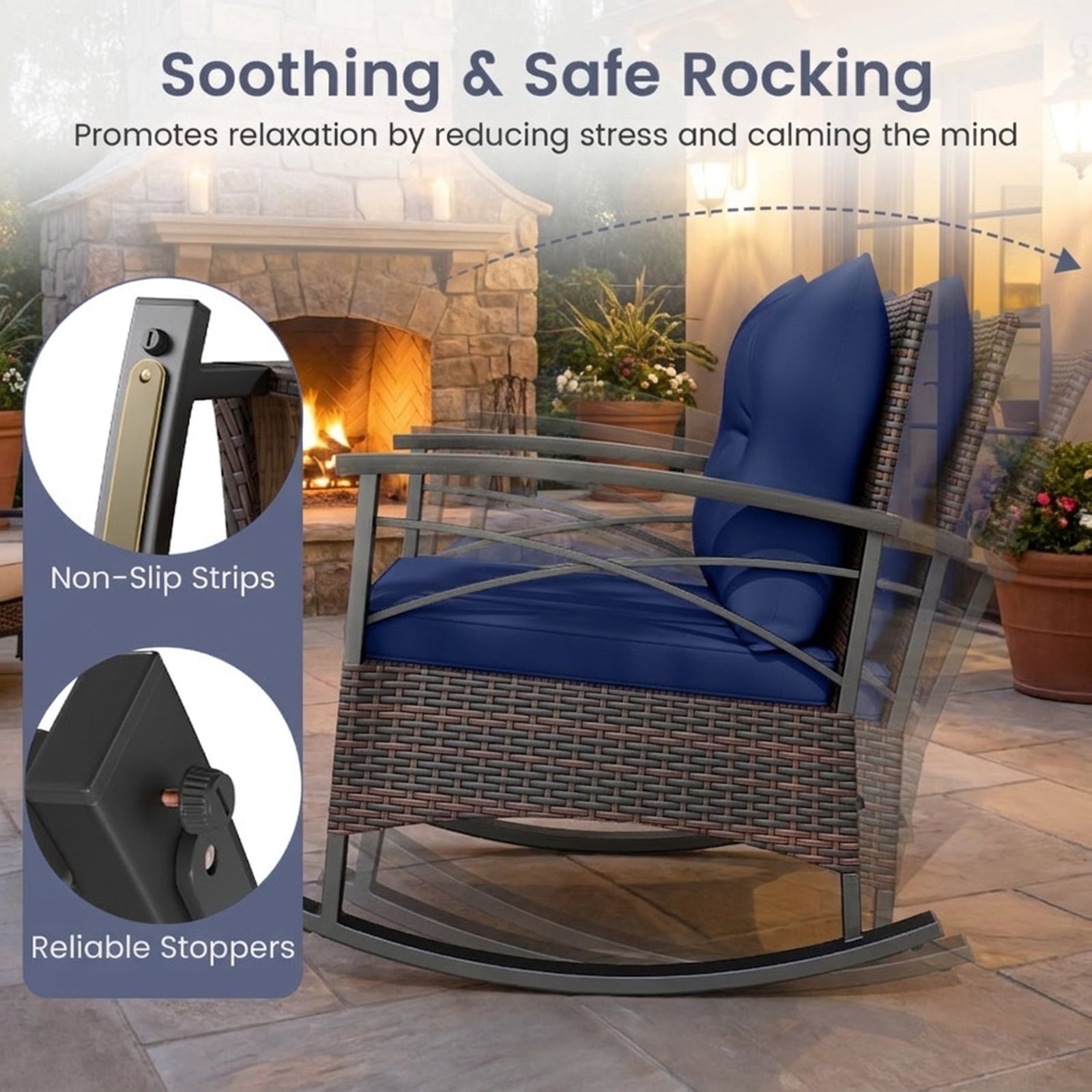 Biotree 3 Piece Rocking Bistro Set PE Rattan Rocker Chairs with Acacia Wood Top Table Outdoor Conversation Set for Garden Backyard PorchNavy