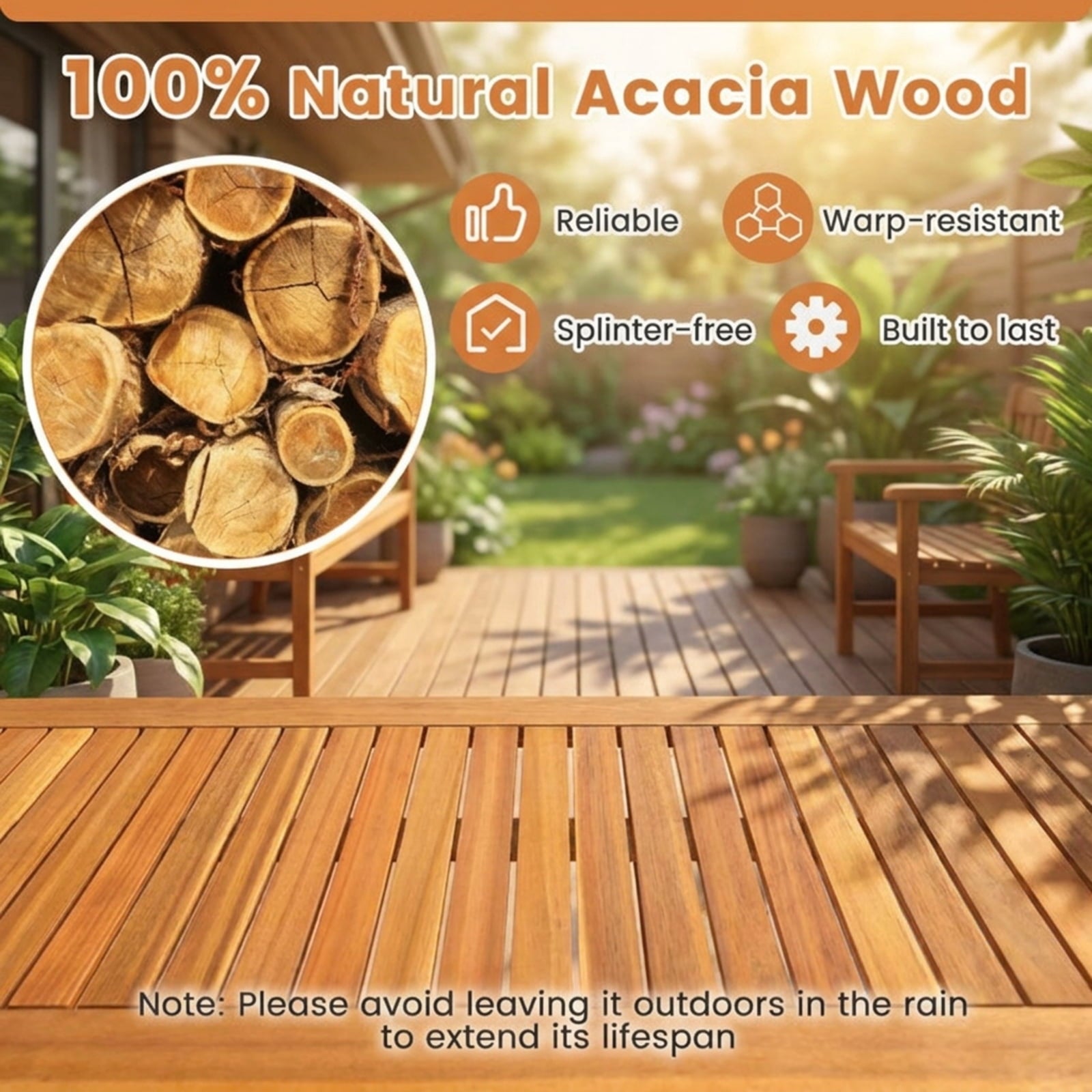 Biotree Acacia Wood Outdoor Bench with Slatted Seat for Garden Stackable Patio Chair for Garden BackyardNatural