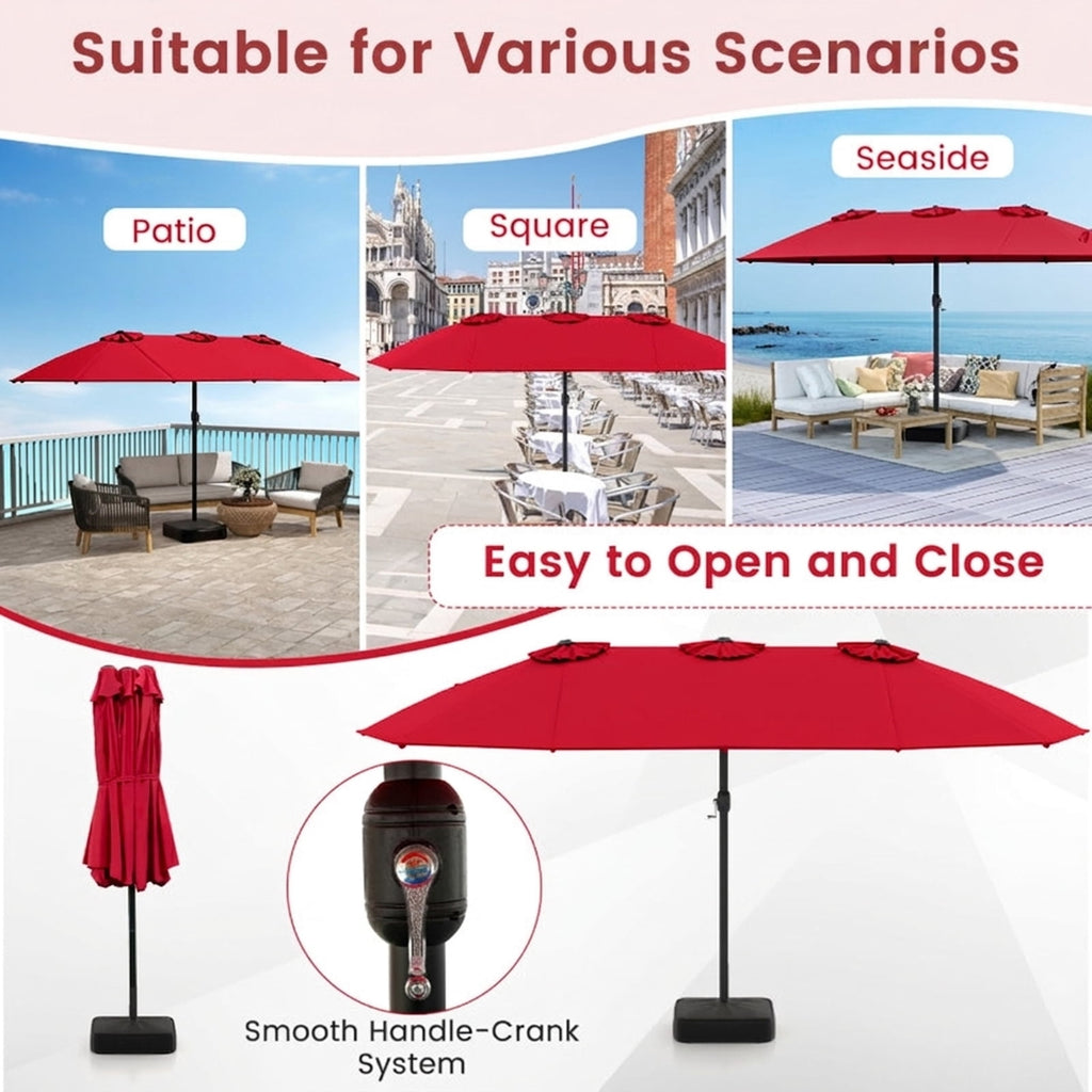 Biotree 15 ft Double-Sided Twin Patio Umbrella Crank Tilt Outdoor Shade - Red - UV Protection with Cross Base