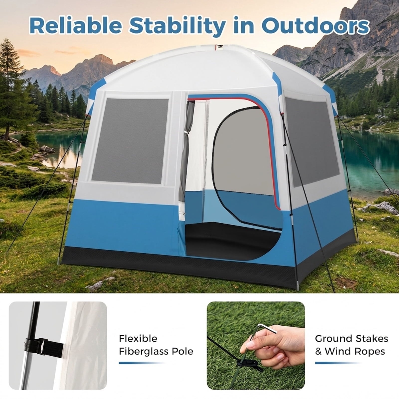 Biotree 5 Person Camping Tent with Mesh Windows and Carrying Bag for Family Camping Hiking, White