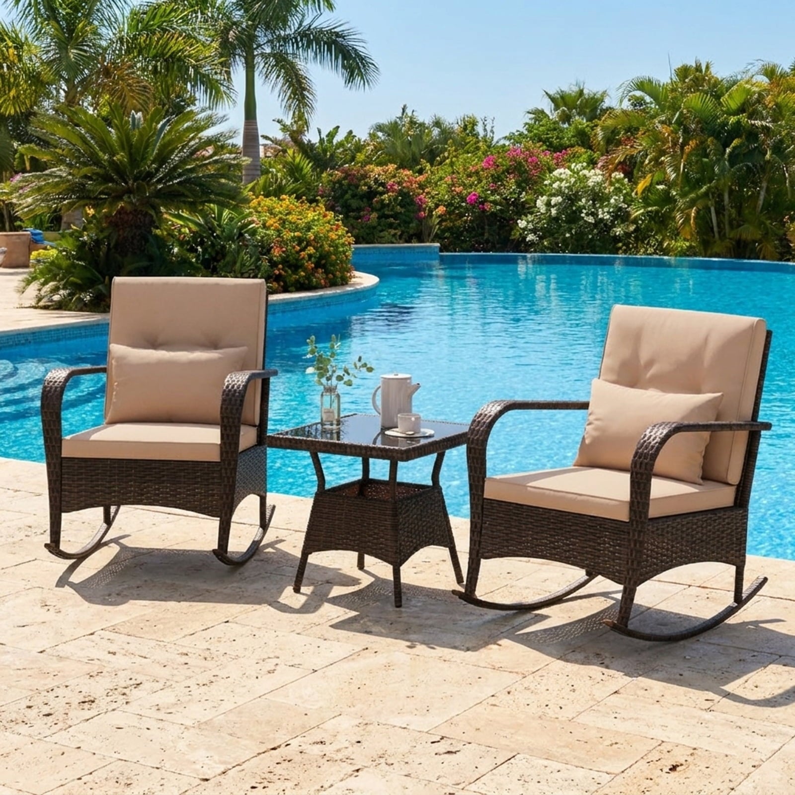 Biotree 3 Piece Outdoor Rocking Set with Tempered Glass Coffee Table for Backyard Poolside Outdoor Conversation Set for Garden Backyard PorchBrown