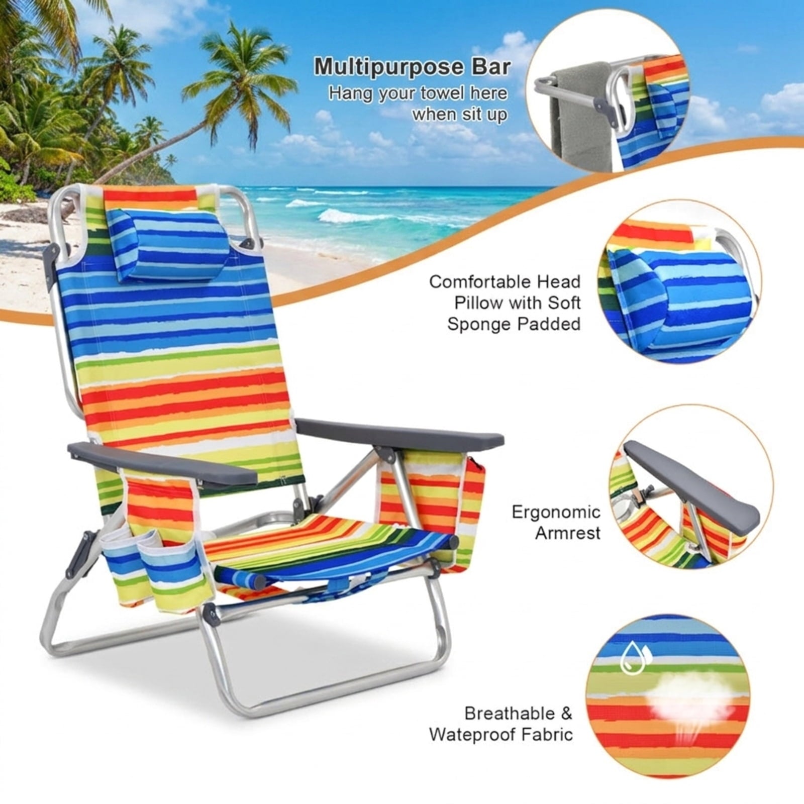 Biotree 2 Packs 5-Position Outdoor Folding Backpack Beach Table Chair Reclining Chair Set Stackable Patio Chair for Garden BackyardYellow