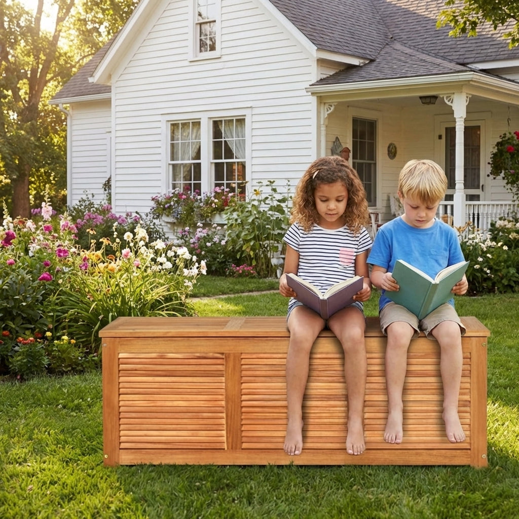 Biotree 46 Gallon Acacia Wood Storage Bench Box for Patio Garden Deck, Outdoor Wooden Storage Chest with Hinged Lid Indoor Entryway Bench, Natural