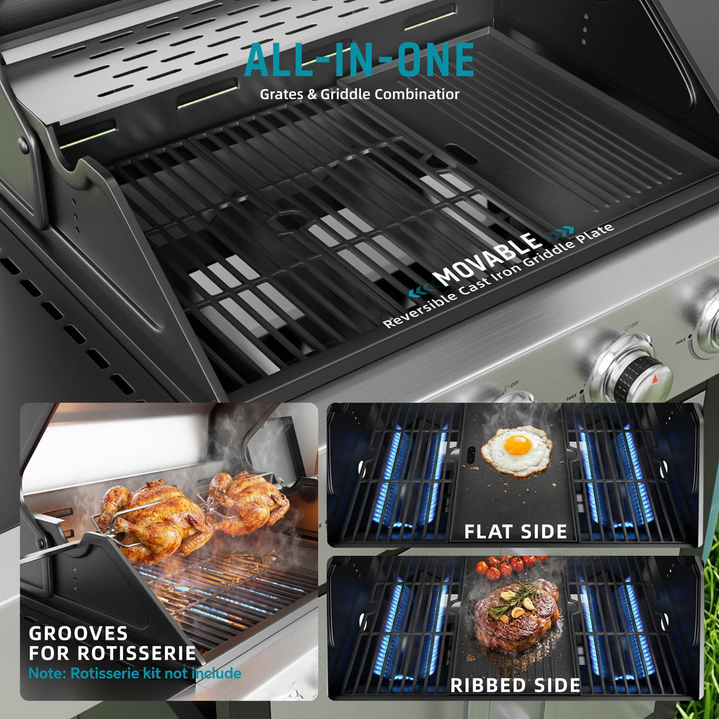 Biotree 3 Burner Gas Grill with Side Burner, 40800 BTU Barbecue Grill Propane Stainless Steel BBQ Grill with Porcelain-Enameled Cast Iron Grates for Outdoor Cooking