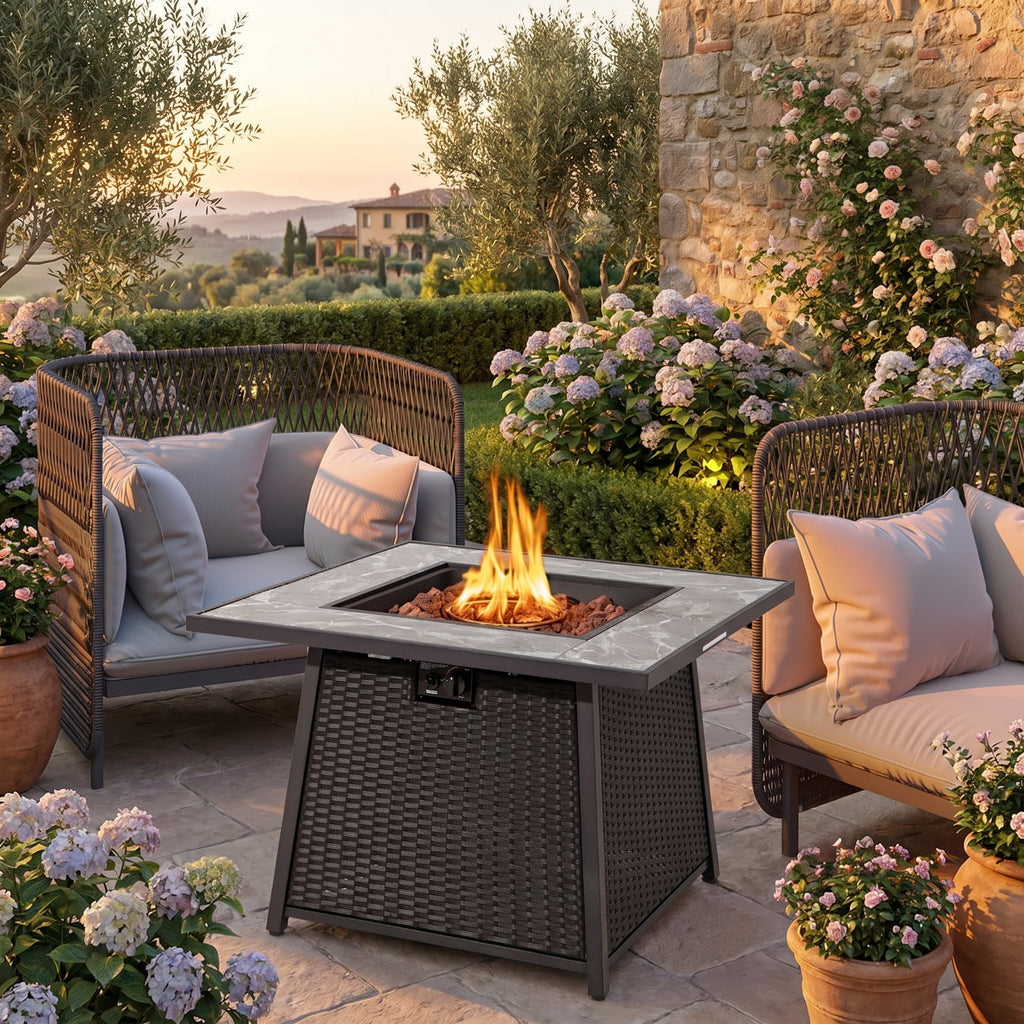 Biotree 35 Inch Propane Gas Fire Pit Table Wicker Rattan with Lava Rocks PVC Cover for Outdoor Patio Backyard Garden Camping, Black