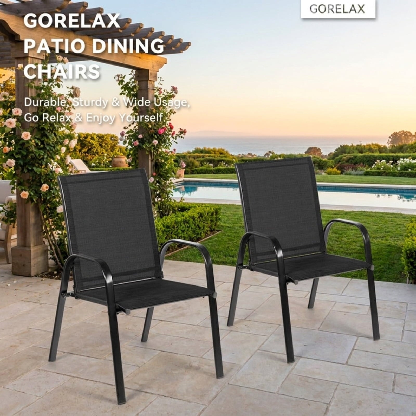 Biotree 2 Pcs Patio Outdoor Dining Chair with Armrest Stackable Patio Chair for Garden BackyardBlack