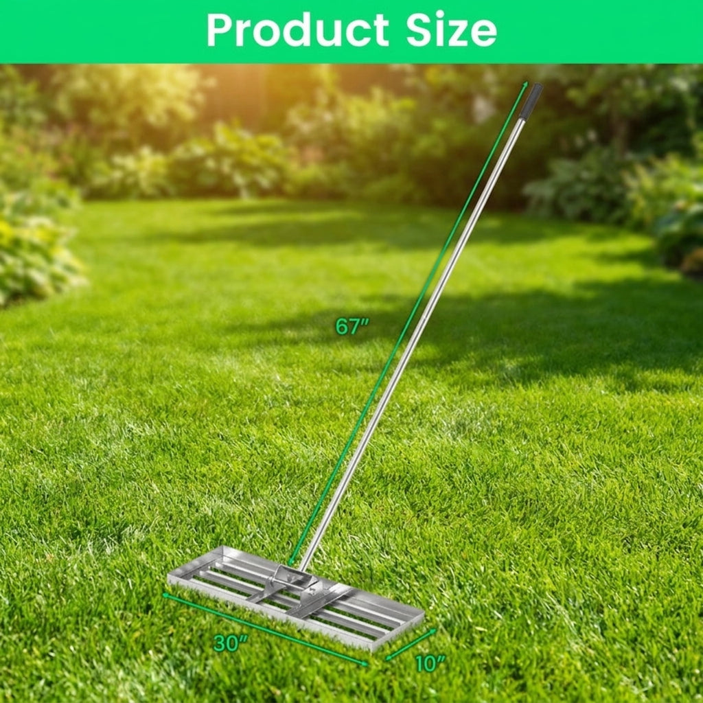 Biotree 30 x 10 Inch Lawn Leveling Rake with Ergonomic Handle for Lawn Garden Yard Soil Care, Silver
