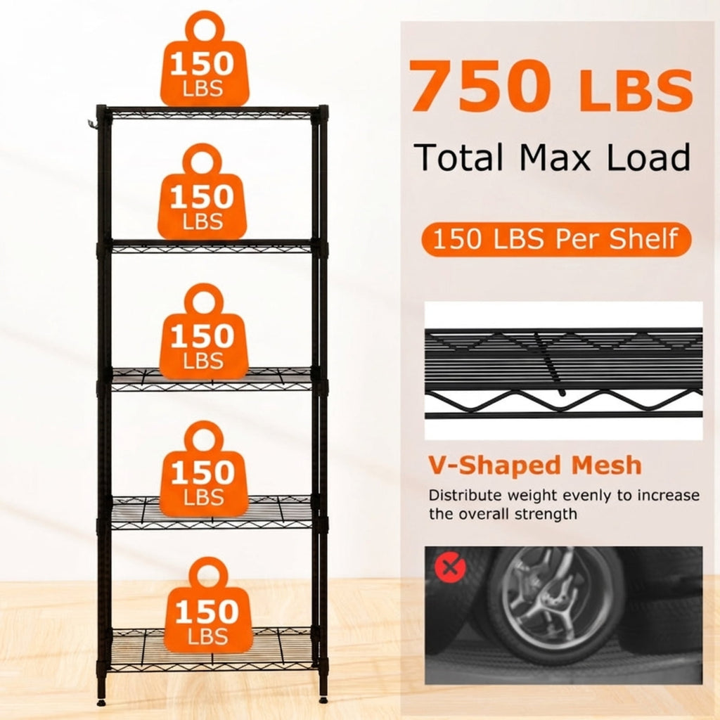 Biotree 5-Tier Metal Storage Shelving Unit with V-Shaped Wire Rack, 750 LBS Capacity Heavy Duty Garage Shelves Utility Rack for Basement Warehouse Pantry, Black