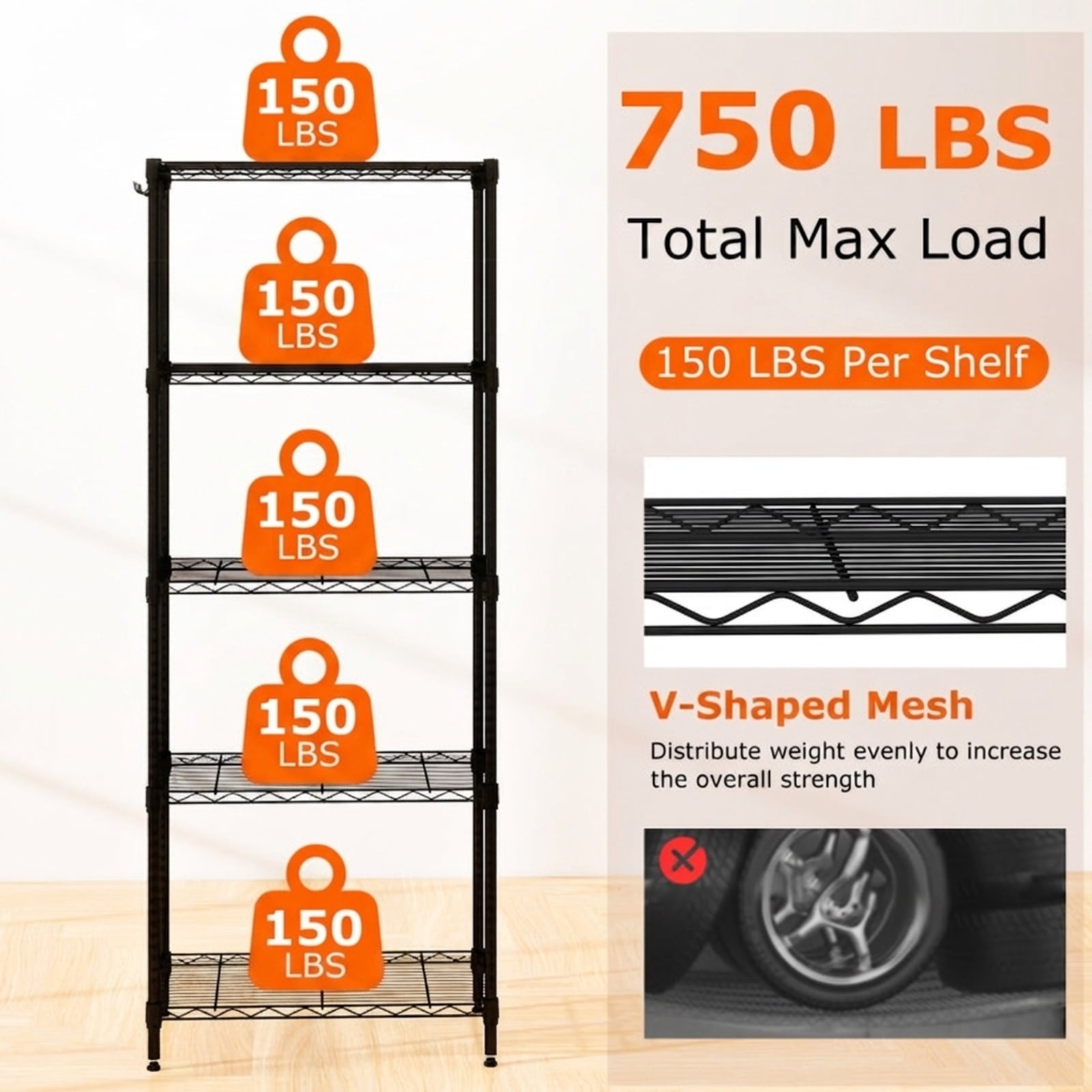 Biotree 5-Tier Metal Storage Shelving Unit with V-Shaped Wire Rack, 750 LBS Capacity Heavy Duty Garage Shelves Utility Rack for Basement Warehouse Pantry, Black