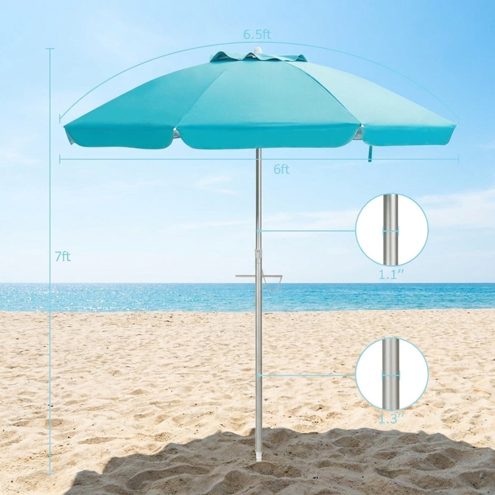 Biotree 6.5 ft Portable Beach Umbrella with Carrying Bag, 6 Ribs, Sand Tilt Mechanism - Blue for Backyard