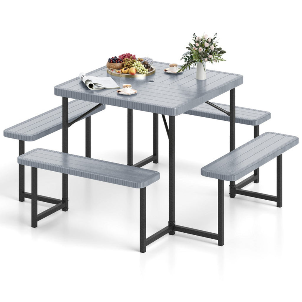 Biotree 63-Inch Outdoor Square Picnic Table Bench Set for 4-8 People with Umbrella Hole, Gray