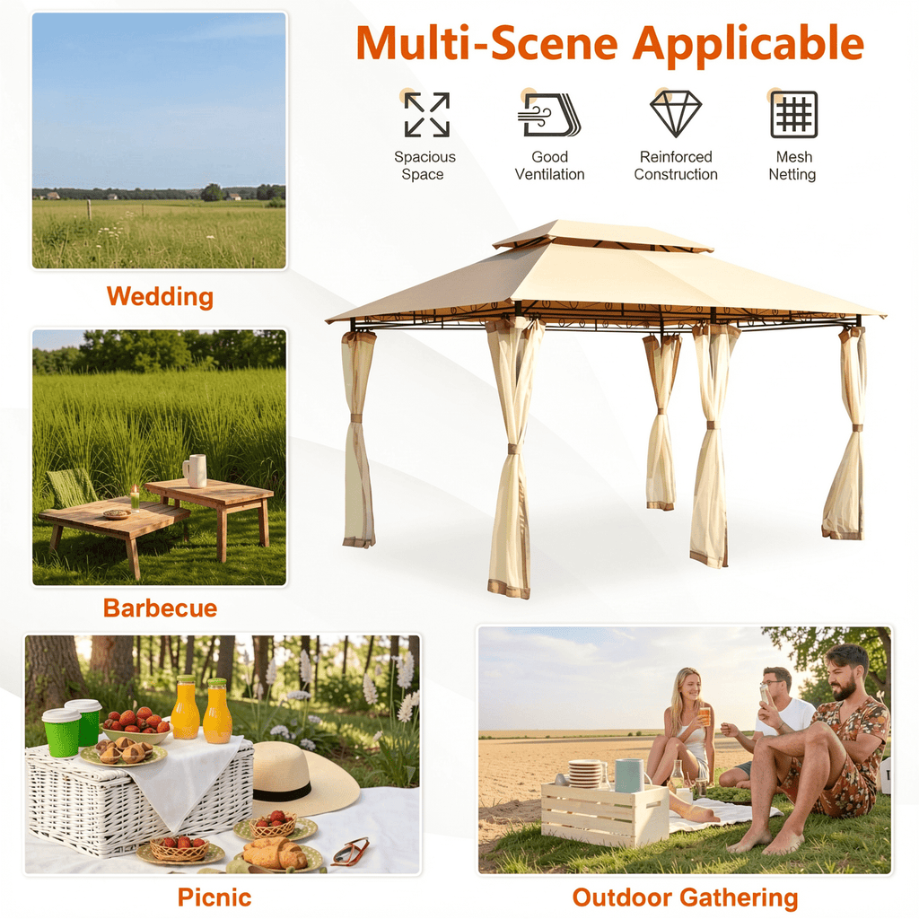 Biotree 10 Feet x 13 Feet Tent Canopy Shelter with Removable Netting Sidewall Brown - Outdoor Patio Backyard Garden Shade Canopy Shelter